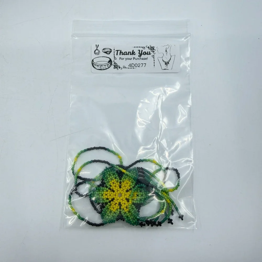Necklace Green Yellow Seed Bead Floral Fringe Vintage Boho Artisan Statement Bib